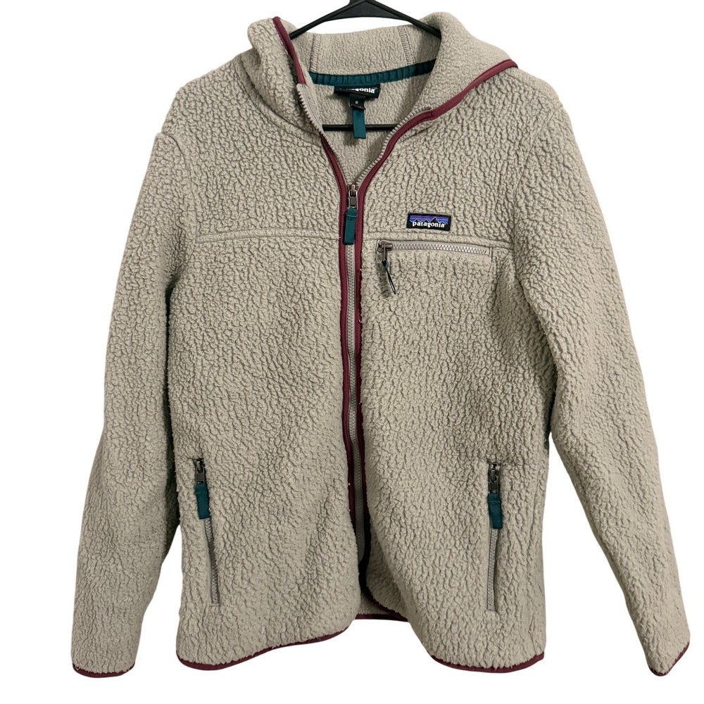 Patagonia Retro Pile Hoodie Womens Medium Pelican Grey Full Zip Shearling Fleece